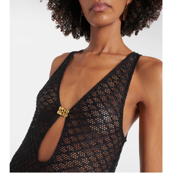 NWT GANNI Sheer Lace V-Neck Gold Butterfly Logo Clasp Sleeveless Maxi Dress L - Picture 3 of 13